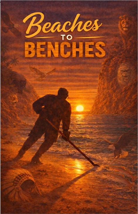 Beaches to Benches by Gabe Gauthier — front cover showing a hockey player silhouette on a sunset beach